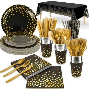 201PCS Black and Gold Party Supplies Tableware Set for Party Birthday Wedding Baby Shower, Gold Dots Decorations Plates Napkins Cups Cutlery and Tablecloth - Serves 25
