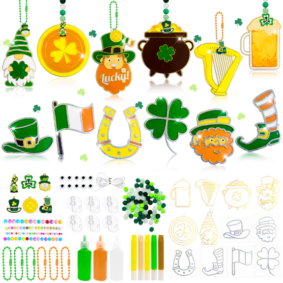 201PCS St. Patrick's Day Glue Painting Craft Kit - DIY Window Suncatcher Ornaments for Irish St. Patrick's Day Party Decor, Paint Your Own Shamrock Crafts for Kids & Adults