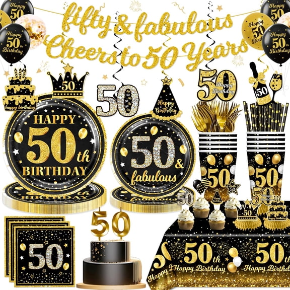 201Pcs 50th Birthday Decorations Men Tableware Set Serves 25 Guests, 50th Birthday Decorations for Men Include Candle, Banner, Plates and Tablecloths, for Gold 50th Birthday Party Y101