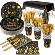 201PCS Birthday Party Supplies, Black and Gold Tableware Set Paper Plates Napkins Plastic Tablecloth Forks Knives Spoons Serve 25 for Men Women