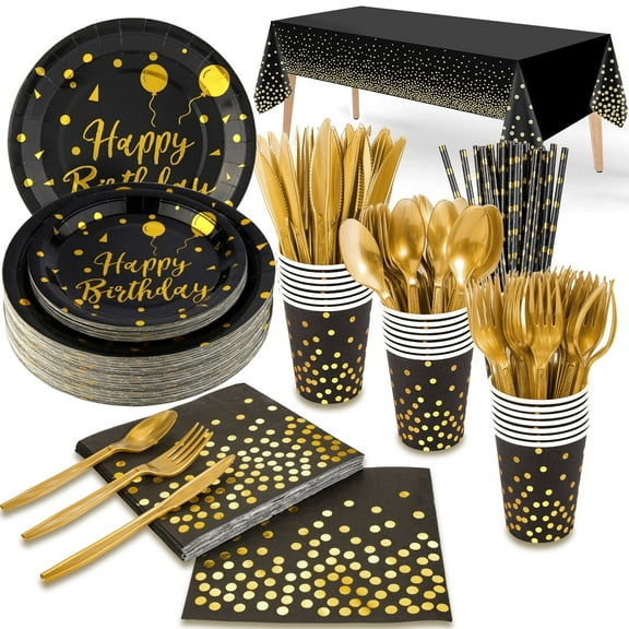 201PCS Birthday Party Supplies, Black and Gold Tableware Set Paper Plates Napkins Plastic Tablecloth Forks Knives Spoons Serve 25 for Men Women
