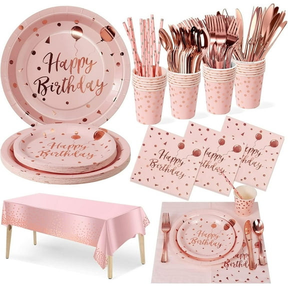 201PCS Birthday Party Supplies, Pink and Rose Gold Tableware Set with Paper Plates Napkins Cups Straws Plastic Tablecloth Forks Knives Spoons Serve 25 for Men Women Kids Birthday Party Decor