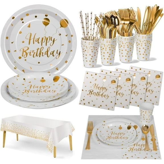 201PCS Birthday Party Supplies, White and Gold Tableware Set with Paper Plates Napkins Cups Straws Plastic Tablecloth Forks Knives Spoons Serve 25 for Men Women Kids Birthday Party Decor