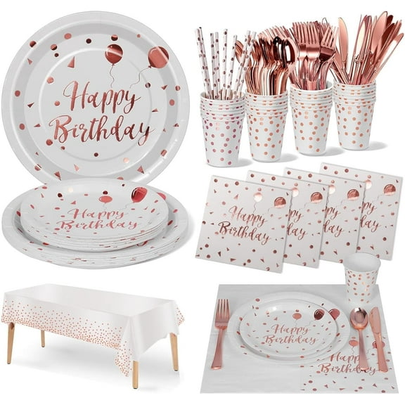 201PCS Birthday Party Supplies, White and Rose Gold Tableware Set with Paper Plates Napkins Cups Straws Plastic Tablecloth Forks Knives Spoons Serve 25 for Men Women Kids Birthday Party Decor