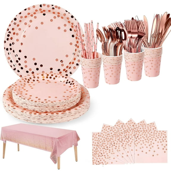 201PCS Pink and Rose Gold Party Supplies Dots Tableware Set Serves 25, Paper Plates Napkins Straws Plastic Tablecloth Forks Knives Spoons for Birthday Wedding Christmas Cocktail Party Baby Shower