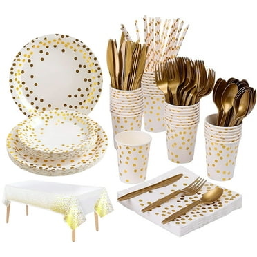 201PCS White and Gold Party Supplies Dots Tableware Set Serves 25, Paper Plates Napkins Straws Plastic Tablecloth Forks Knives Spoons for Birthday Wedding Christmas Cocktail Party Baby Shower