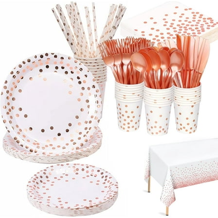 201PCS White and Rose Gold Party Supplies Dots Tableware Set Serves 25, Paper Plates Napkins Straws Plastic Tablecloth Forks Knives Spoons for Birthday Wedding Christmas Cocktail Party Baby Shower
