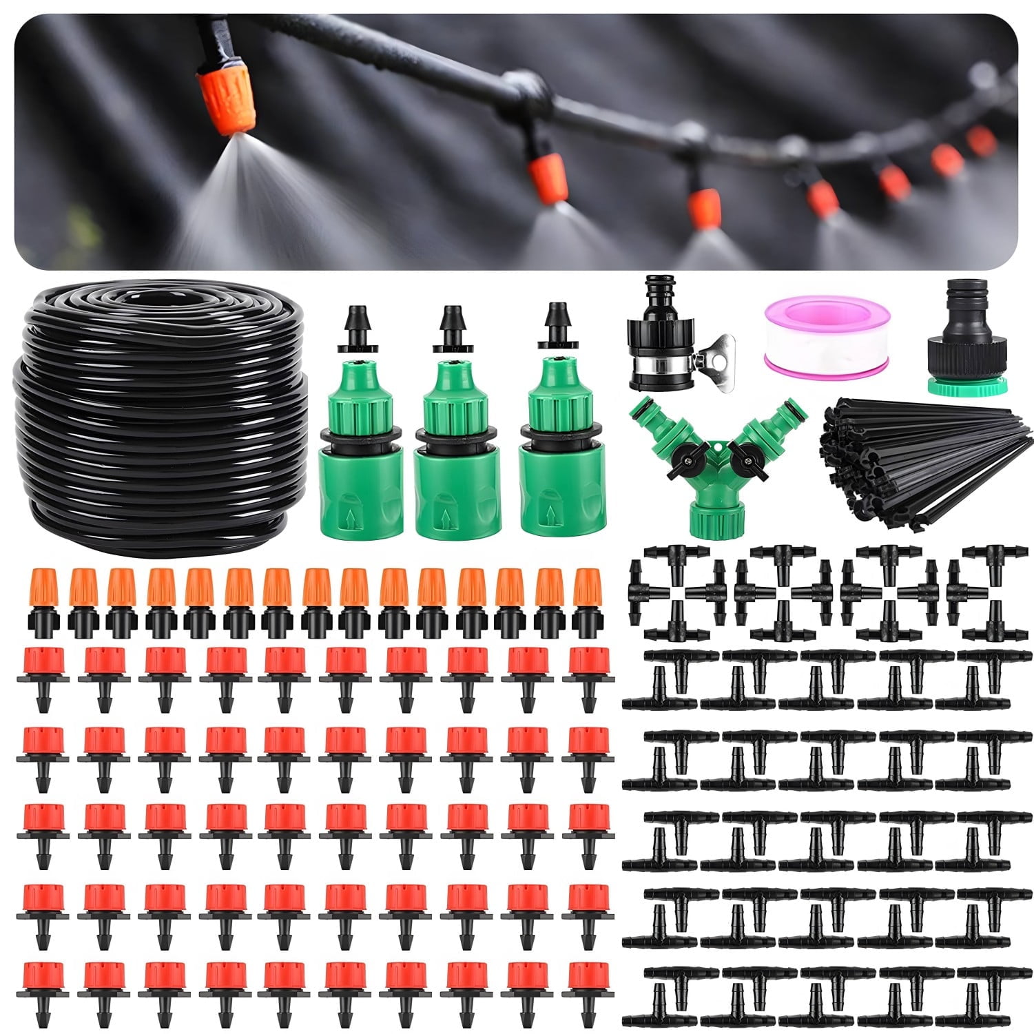 Remiawy Drip Irrigation System Kit, 164FT/50M Drip Irrigation Tubing 201PCS Garden Irrigation System, Automatic Micro Watering Misting System for for Garden, Greenhouse, Flower Bed, Patio, Lawn