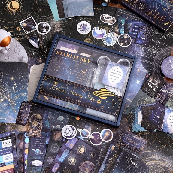 201pcs Retro Celestial Journaling Kit, Starry Scrapbook Supplies, 10 Patterns Grid Notebook & Envelope for Bullet Journals, Projects, Astronomical Gifts
