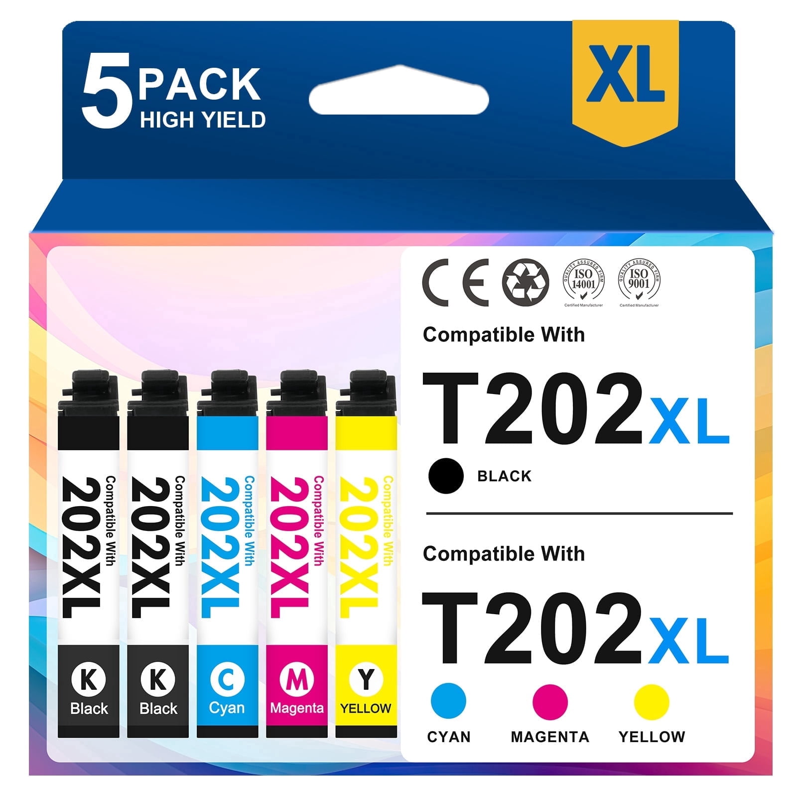 202 Ink Cartridges 5 PACK Compatible for Epson 202 202XL T202XL T202 Ink for WF-2860 WF-3820 WF2860 WF3820 Printers, 202 XL Black,Cyan,Magenta,Yellow