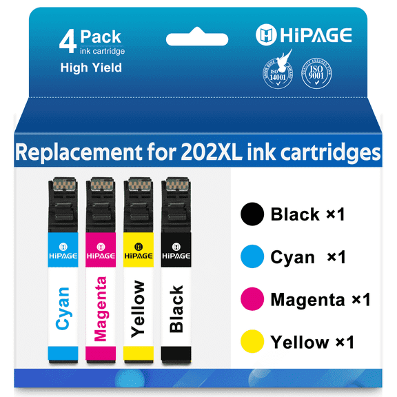 HIPAGE 202 Ink Cartridges Compatible with Printer Ink 202 for Epson 202 Ink Cartridges for Epson XP-5100 WF-2860 Printer (Black Yellow Magenta Cyan, 4 Pack)