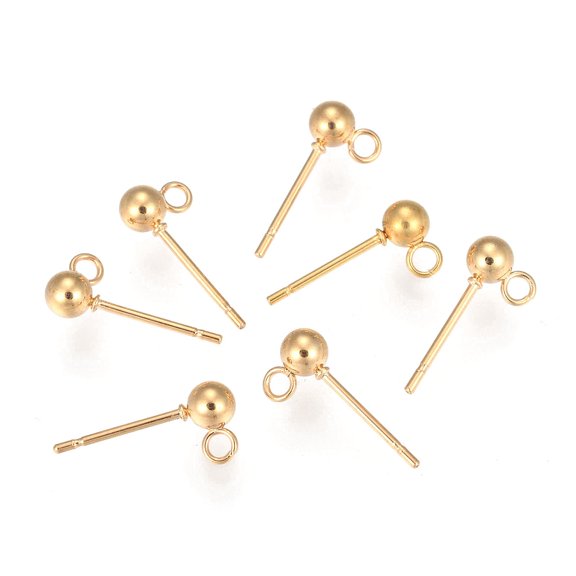 202 Stainless Steel Ball Stud Earring Findings with 304 Stainless Steel Pins and Loop Round Water Plating Real 18K golden Plated 2mm Pin: 0.8mm