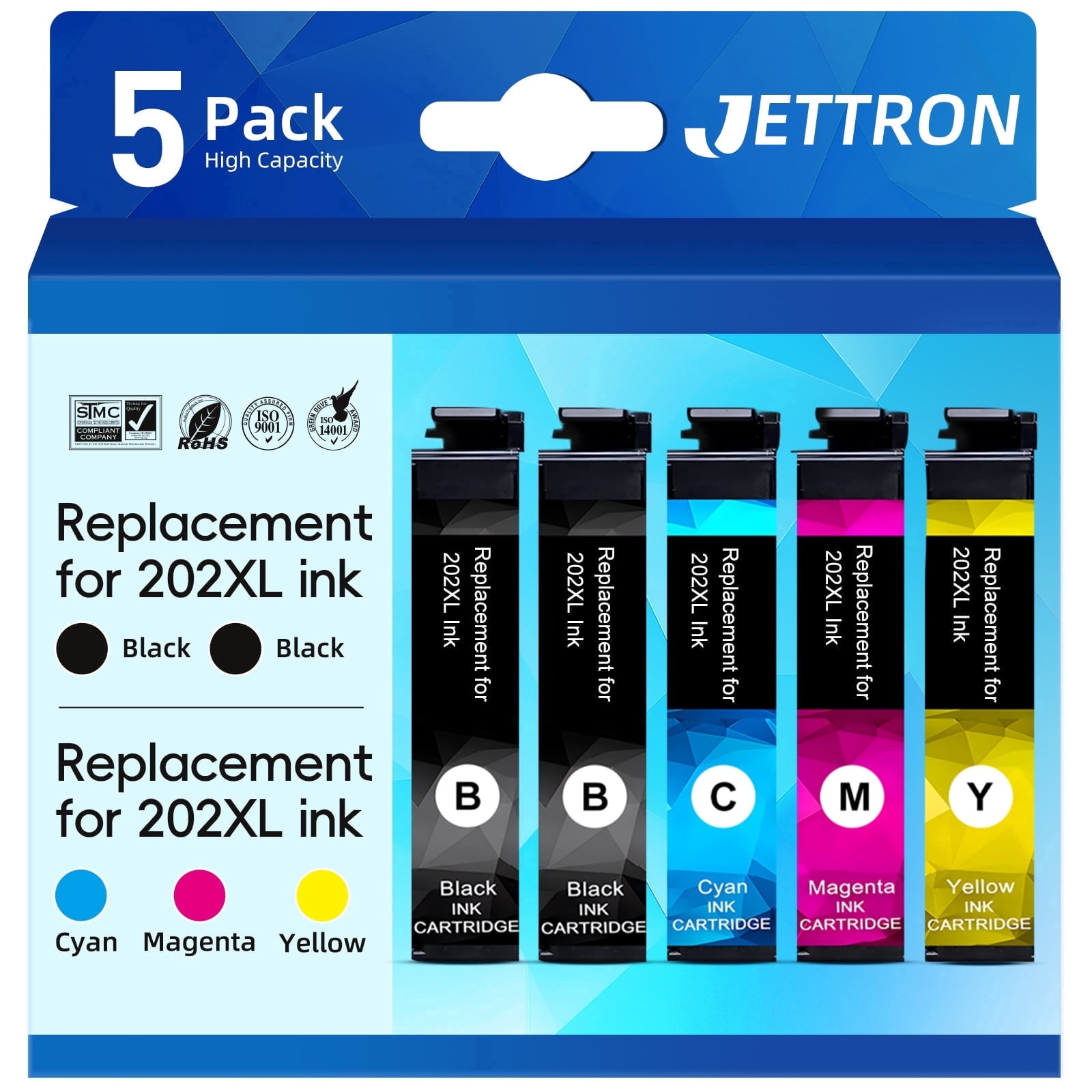 JETTRON 202 XL Ink Cartridge Compatible for Epson 202 202XL T202 Ink Cartridgefor Workforce WF-2860 Expression Home XP-5100 All-in-one Printer(5-Pack)