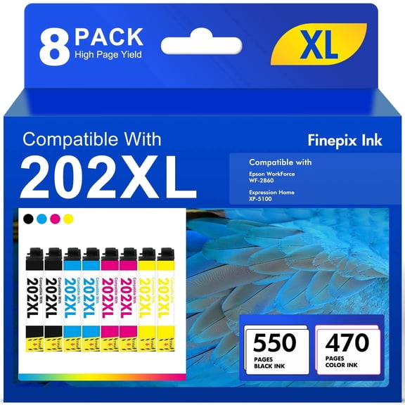 202 XL Ink Cartridges (8-Pack) Compatible for Epson 202 202XL T202 Ink Cartridgefor Workforce WF-2860 Expression Home XP-5100 All-in-one Printer