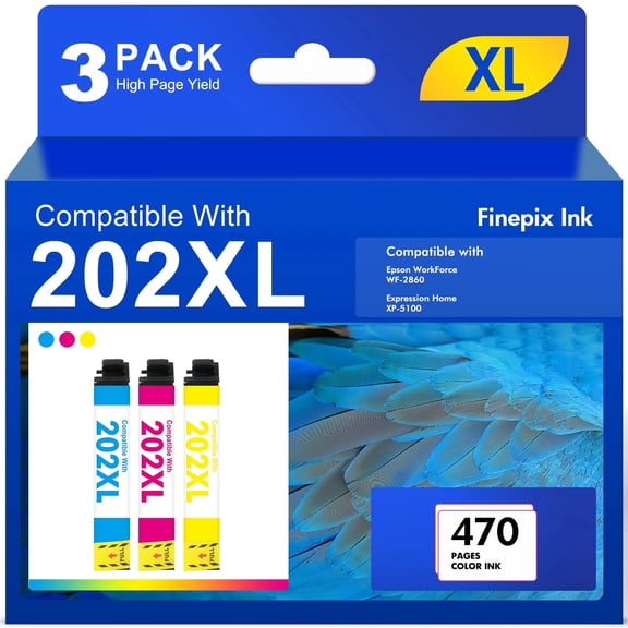 202 XL Ink Cartridges Compatible for Epson 202 202XL T202 Ink Cartridgefor Workforce WF-2860 Expression Home XP-5100 All-in-one Printer (3-Pack Cyan Yellow Magenta)