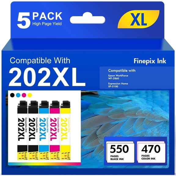 202 XL Ink Cartridges Compatible for Epson 202 202XL T202 Ink Cartridgefor Workforce WF-2860 Expression Home XP-5100 All-in-one Printer(5-Pack)