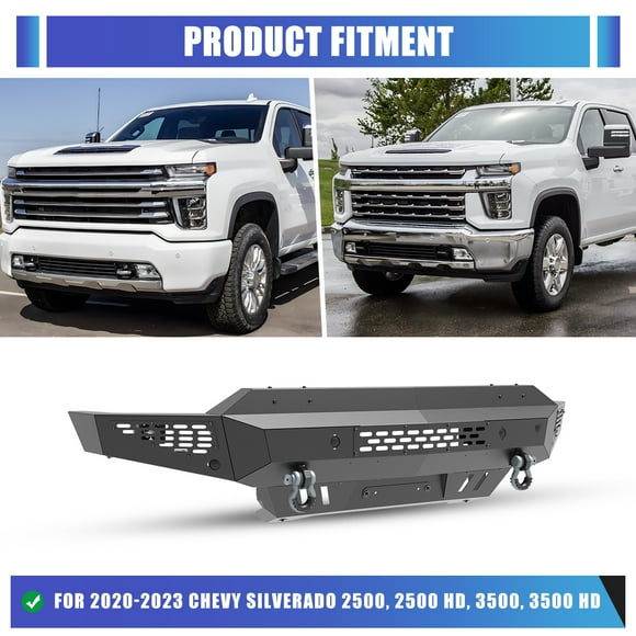 2020-2024 Chevy Silverado 2500 2500 HD 3500 3500 HD Heavy Duty Steel Front Bumper w/D-Rings&LED Pod Lights,Main Body+Side Wings