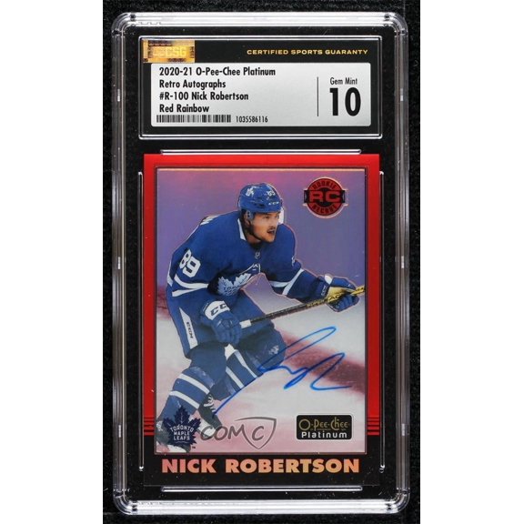 2020-21 O-Pee-Chee Platinum Nick Robertson #R-100 Rainbow Red Autographs Rookie CSG 10 CGC Auto 10
