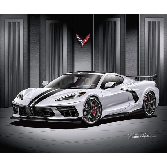 2020 C8 Corvette Stingray - Blade Silver - Fine Art Print by Danny Whitfield - with Black Trident Wheels - Size 20 x 24