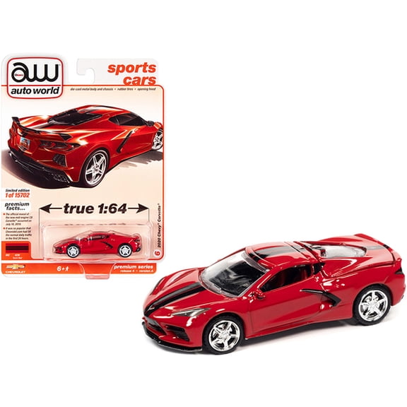 2020 Chevrolet Corvette C8 Stingray Torch Red With Twin Black Stripes Sports Cars Limited Edition To 15702 Pieces Worldwide 1/64 Diecast Model Car By Autoworld 64332-awsp084a