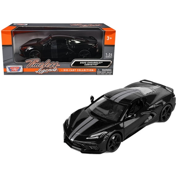 2020 Chevrolet Corvette C8 Stingray Black with Silver Stripes "Timeless Legends" Series 1/24 Die Cast Model Car by Motormax