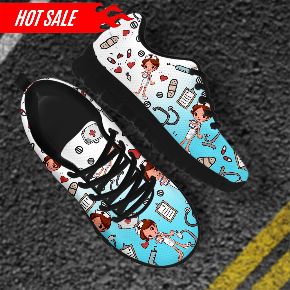 2020 Cute Cartoon Nurse/Doctor Print Nursing Mesh Sneakers Flat for