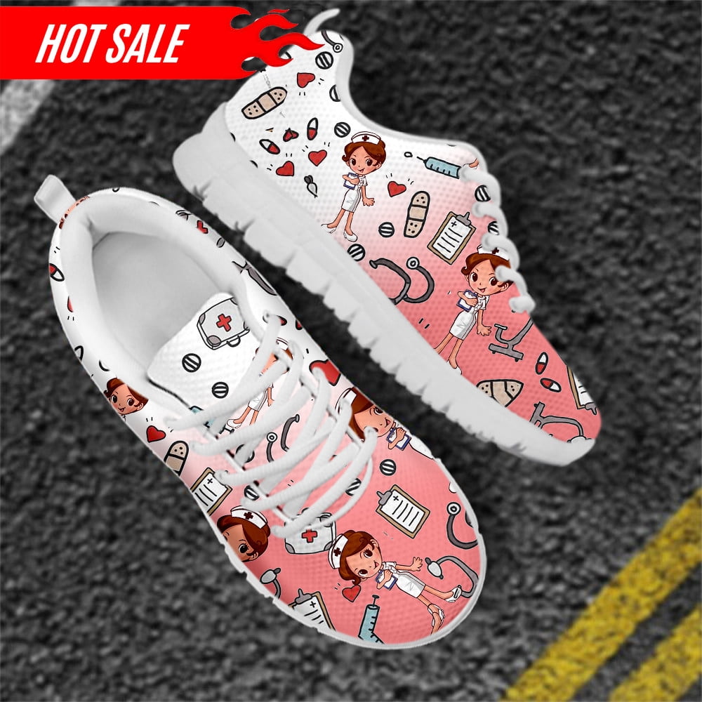 2020 Cute Cartoon Nurse/Doctor Print Nursing Mesh Sneakers Flat for