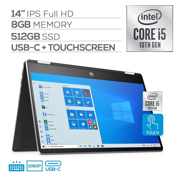 2020 HP Pavilion x360 2 in 1 Touchscreen Laptop, 14" IPS Full HD PC, 10th Gen Core i5-1035G1 4-Core up to 3.60 GHz, 8GB RAM, 512GB SSD, USB-C, Webcam, Wi-Fi 6, Win 10