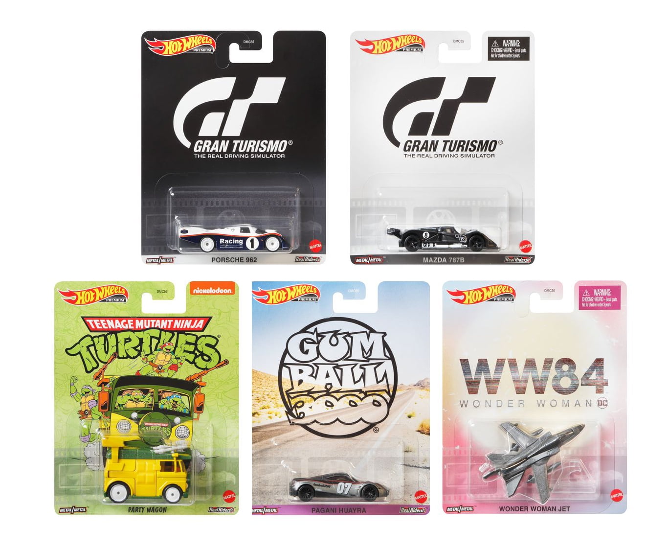 2020 Hot Wheels 1/64 Retro Entertainment  Favorite Set of 5 1/64 Scale Diecast Cars, Mazda 787B, Porsche 962, Pagani Huaya, Party Wagon, Wonder Woman Jet
