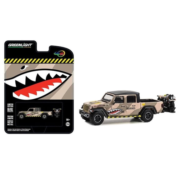 2020 Jeep Gladiator Rubicon Truck Desert Camouflage with Motorcycle and Hitch Rack 1/64 Diecast Model Car by Greenlight