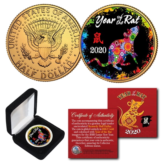 2020 Lunar New YEAR OF THE RAT 24K Gold Plated JFK Half Dollar Polychrome BOX