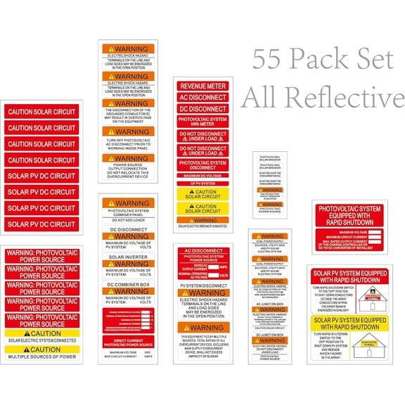 2020 NEC Reflective 55 Labels Value Pack Premium Solar PV System Labels UV Resistant Solar PV Stickers Photovoltaic System Warning Durable | PV Label for Electrical Panel Installer Kits