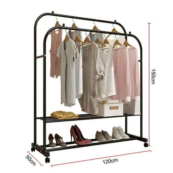 2020 New Portable Coat Rack Stand Garment Clothes Hanger Shoes Storage Organiser Easy To Assemble Rotating Universal Wheel -Black/White