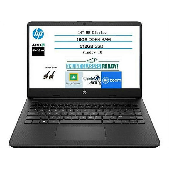 2020 Newest HP 14 Inch Premium Laptop, AMD Athlon Silver 3050U up to 3.2 GHz(Beat i5-7200U), 16GB DDR4 RAM, 512GB SSD, Bluetooth, Webcam,802.11AC WiFi,Type-C, Windows 10 S, Jet Black + Laser HDMI