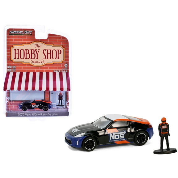 2020 Nissan 370z "NOS Nitrous Oxide Systems" Black with Graphics and Race Car Driver "The Hobby Shop" Series 16 1/64 Diecast Model Car by Greenlight
