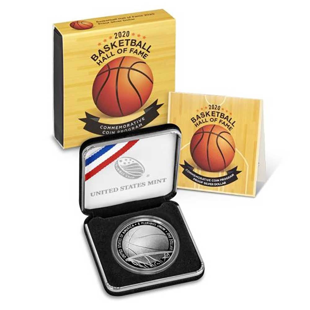 UNITED STATES MINT 2020-P Proof $1 Basketball Hall of Fame Silver Dollar Box, OGP & COA