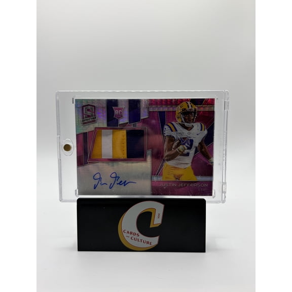 2020 Panini Chronicles Draft Picks Spectra Prizm Justin Jefferson #23 Pink /15 Patch RC LSU Tigers NCAA Autographed Football Trading Card