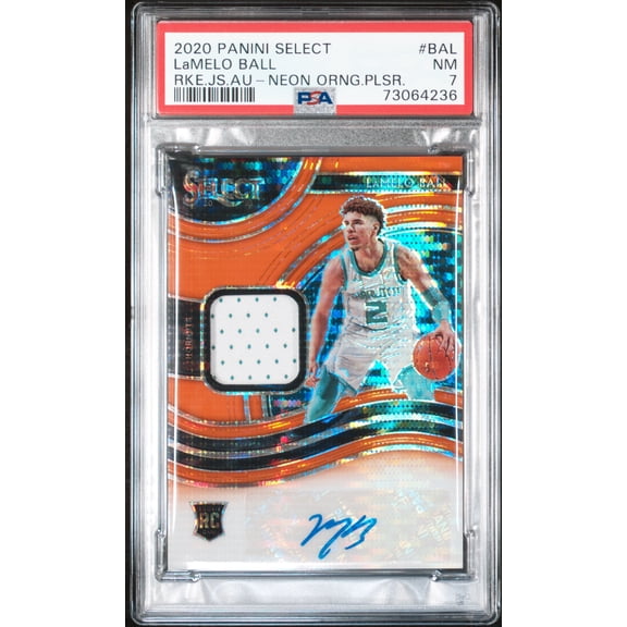 2020 Panini Select Rookie Jersey Autographs Lamelo Ball #BAL RKE. JS. Au Neon Orng. Plsr. PSA 7