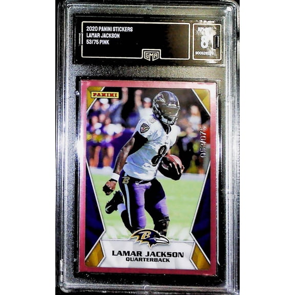 2020 Panini Stickers Insert Pink 53/75 #58 Lamar Jackson Rare Parallel! GMA 8 NM-MT Baltimore Ravens Football Trading Card