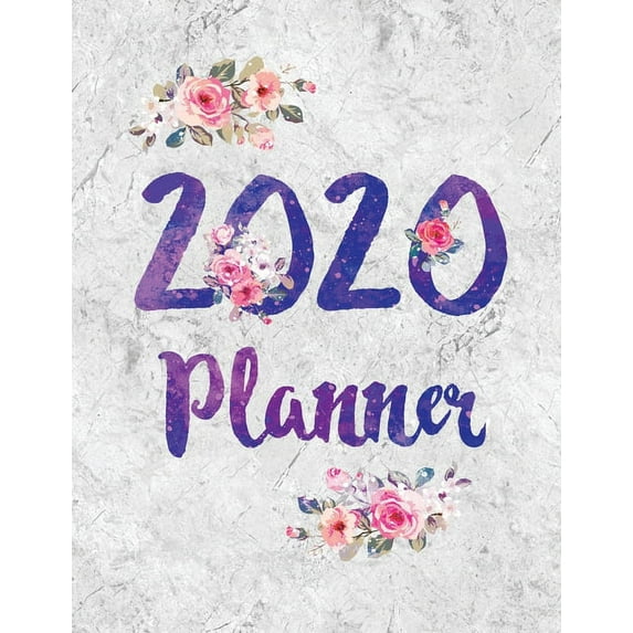 2020 Planner Weekly Monthly Flowers Blue White Marble : January to December Calendar
