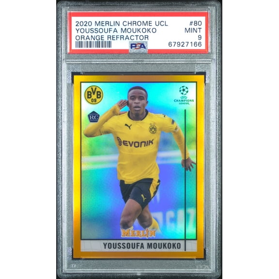 Graded 2020 Topps Merlin Chrome UEFA Champions League Orange Refractor #80 Youssoufa Moukoko PSA 9