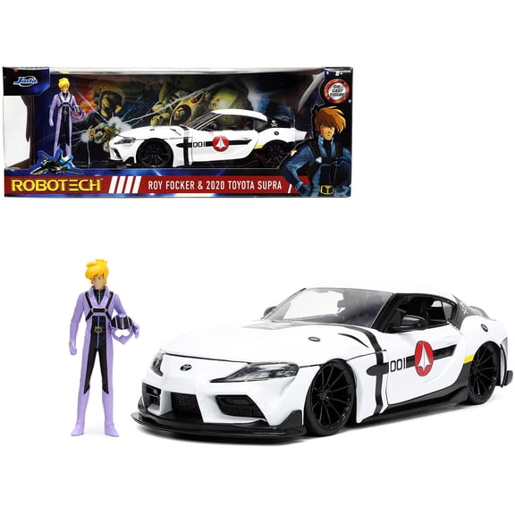 2020 Toyota Supra White and Roy Focker Diecast Figurine "Robotech" "Hollywood Rides" Series 1/24 Diecast Model Car by Jada