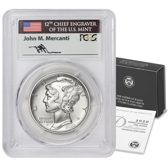 2020-W $25 Palladium Eagle PCGS SP70 First Day of Issue Mercanti Label with Original Government Packaging U.S. Mint Coin