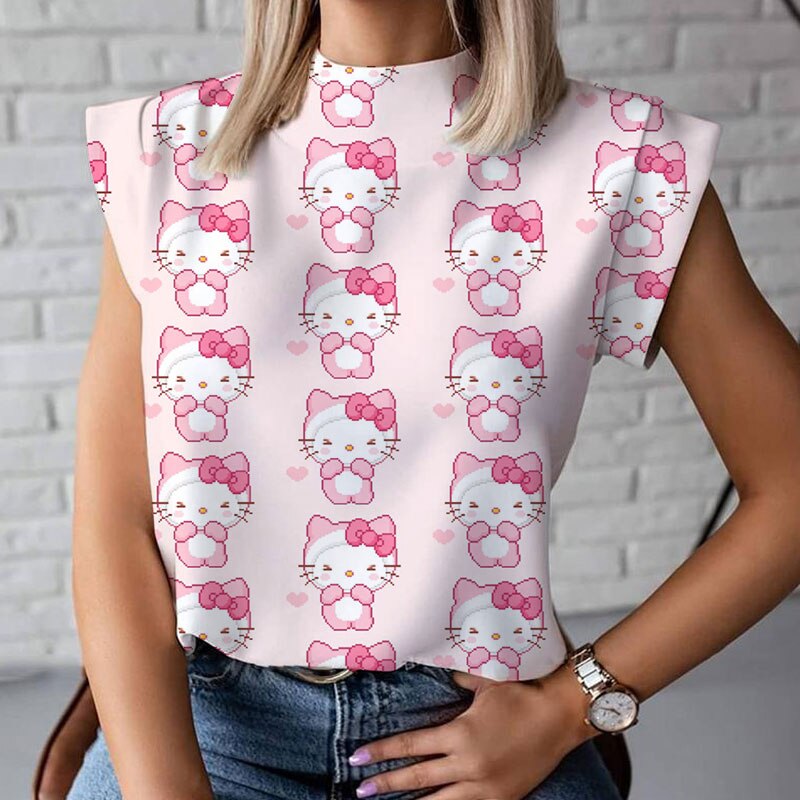 2020 new T-shirt women's fashion turtleneck sweater Hello Kitty printed ...