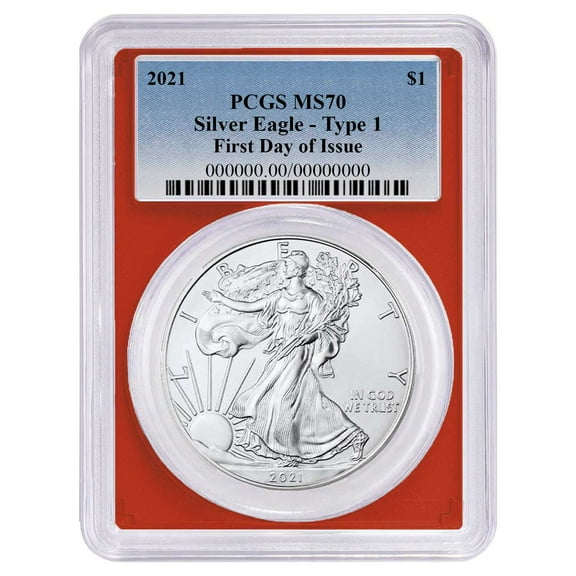 2021 $1 1-oz T-1 American Silver Eagle PCGS MS70 FDOI Blue Label Red Frame