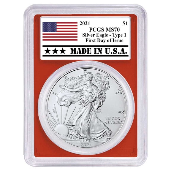 2021 $1 1-oz T-1 American Silver Eagle PCGS MS70 FDOI Made in USA Label Red Frame