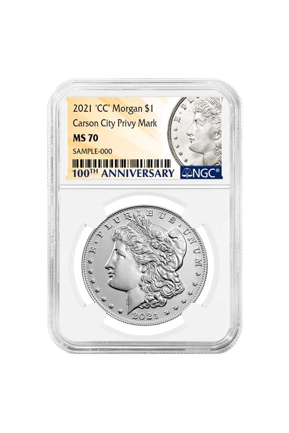 2021 $1 Morgan Silver Dollar "CC" Privy Mark NGC MS70 100th Anni. Label