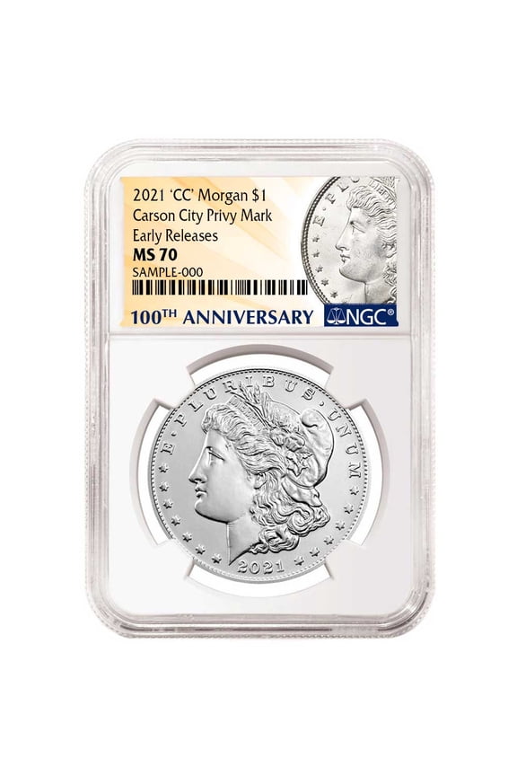 2021 $1 Morgan Silver Dollar "CC" Privy Mark NGC MS70 ER 100th Anni. Label