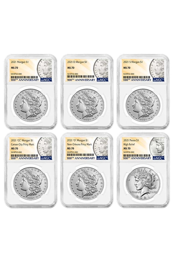 2021 $1 Morgan and Peace Silver Dollar 6pc Set NGC MS70 100th Anni. Label