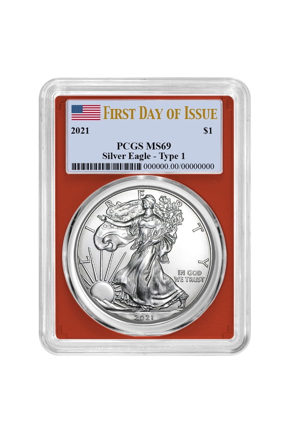 2021 $1 Type 1 American Silver Eagle PCGS MS69 FDOI Flag Label Red Frame